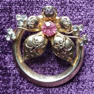 Vintage 1940s Coro Floral Brooch Gold-tone Pink & Blue stones